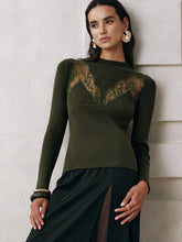 Sheer Lace Panel Mock Neck Sweater